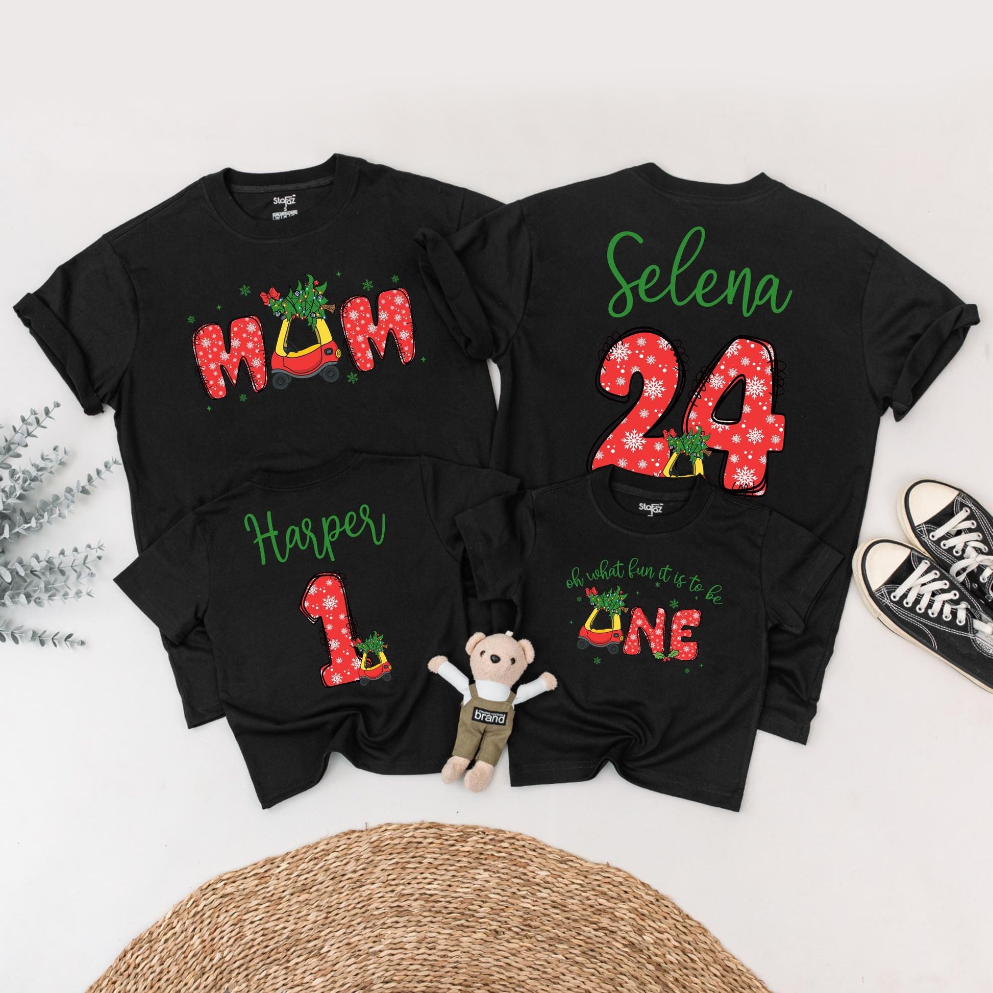 Personalized First Christmas Family Shirts with Names & Festive Snowflake Vintage Car Design Matching Outfits for Mom Dad Baby's Holiday