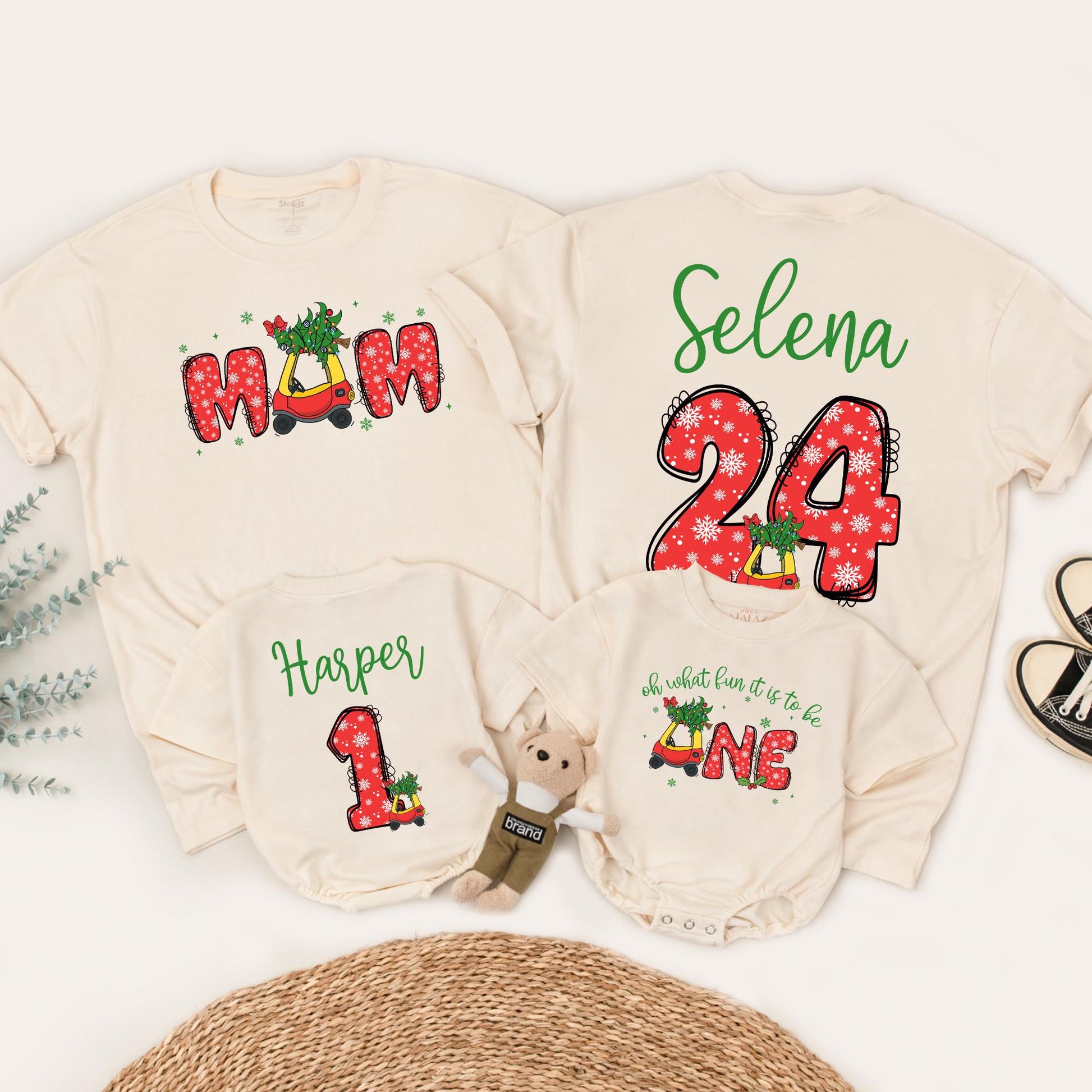Personalized First Christmas Family Shirts with Names & Festive Snowflake Vintage Car Design Matching Outfits for Mom Dad Baby's Holiday