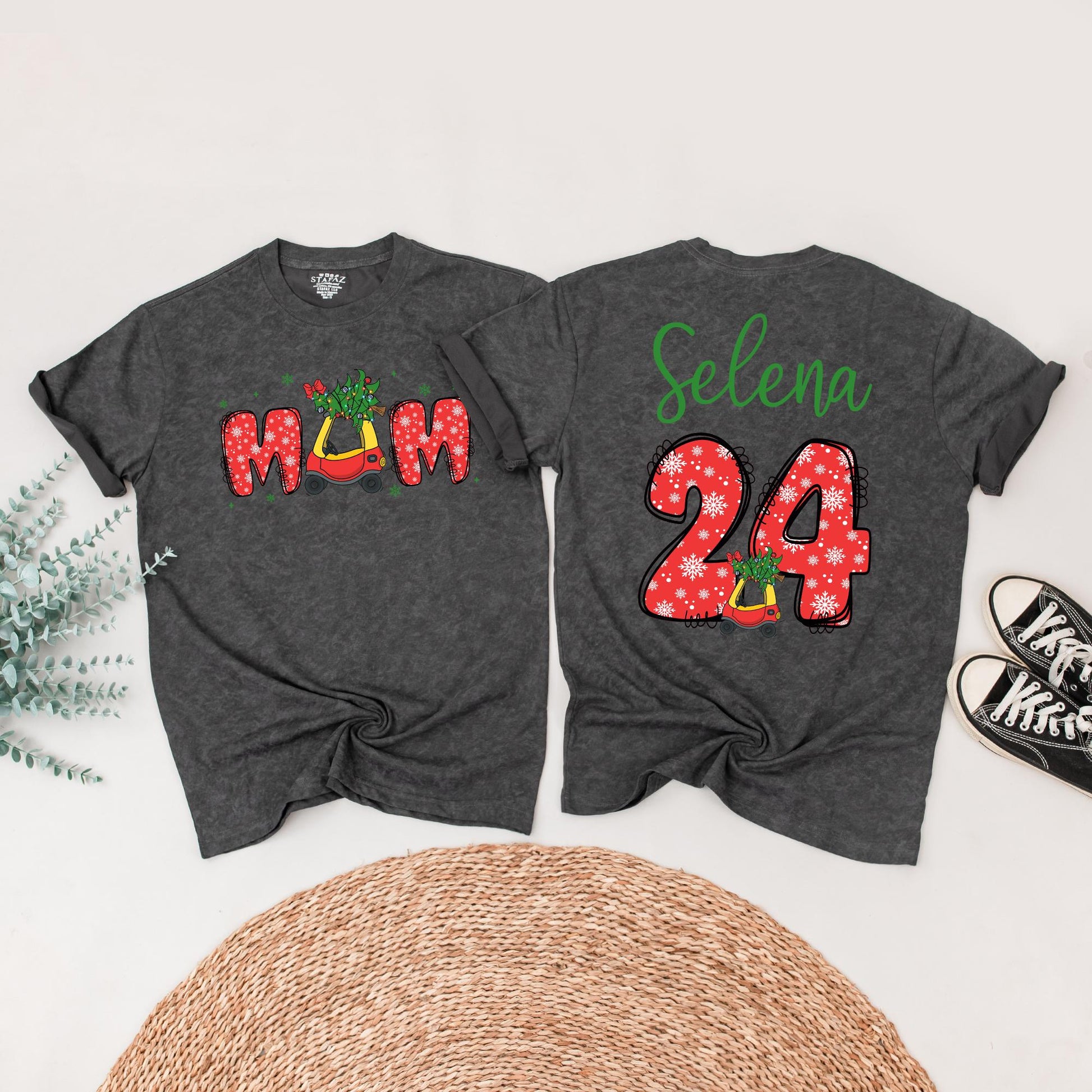 Personalized First Christmas Family Shirts with Names & Festive Snowflake Vintage Car Design Matching Outfits for Mom Dad Baby's Holiday