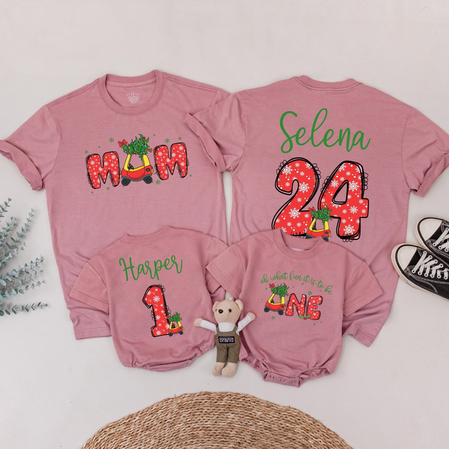 Personalized First Christmas Family Shirts with Names & Festive Snowflake Vintage Car Design Matching Outfits for Mom Dad Baby's Holiday