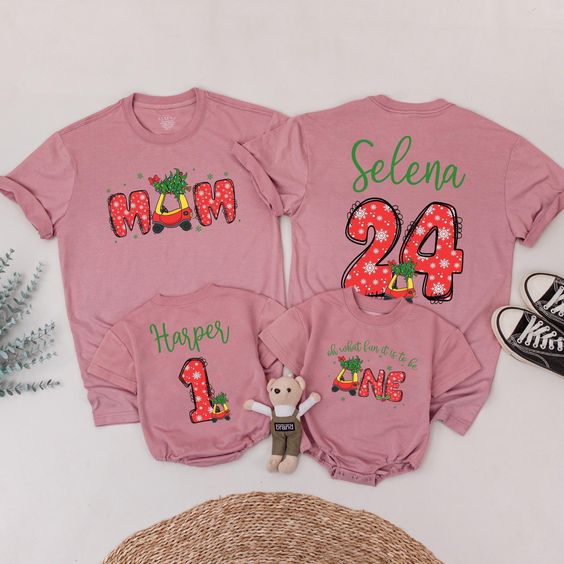 Personalized First Christmas Family Shirts with Names & Festive Snowflake Vintage Car Design Matching Outfits for Mom Dad Baby's Holiday