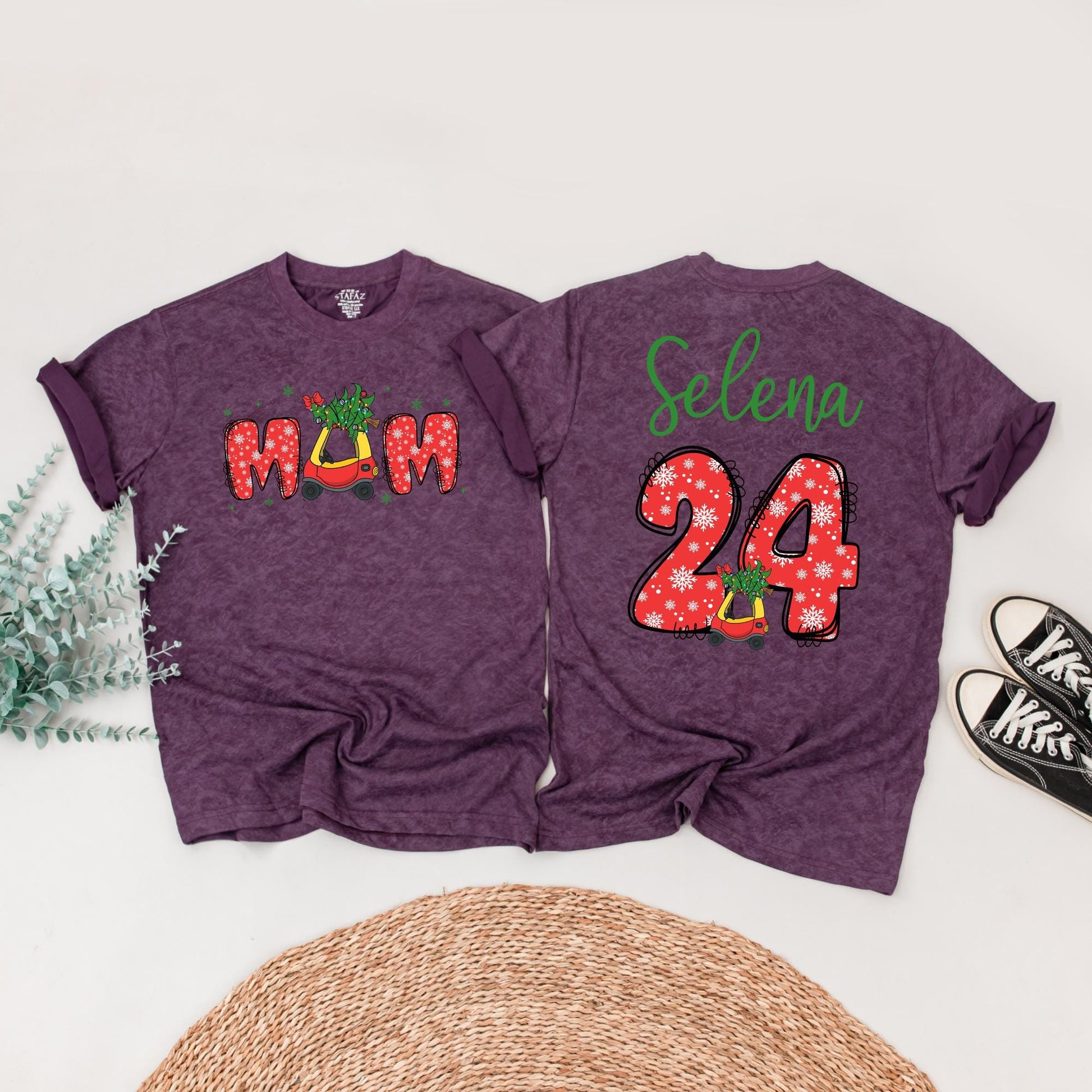 Personalized First Christmas Family Shirts with Names & Festive Snowflake Vintage Car Design Matching Outfits for Mom Dad Baby's Holiday