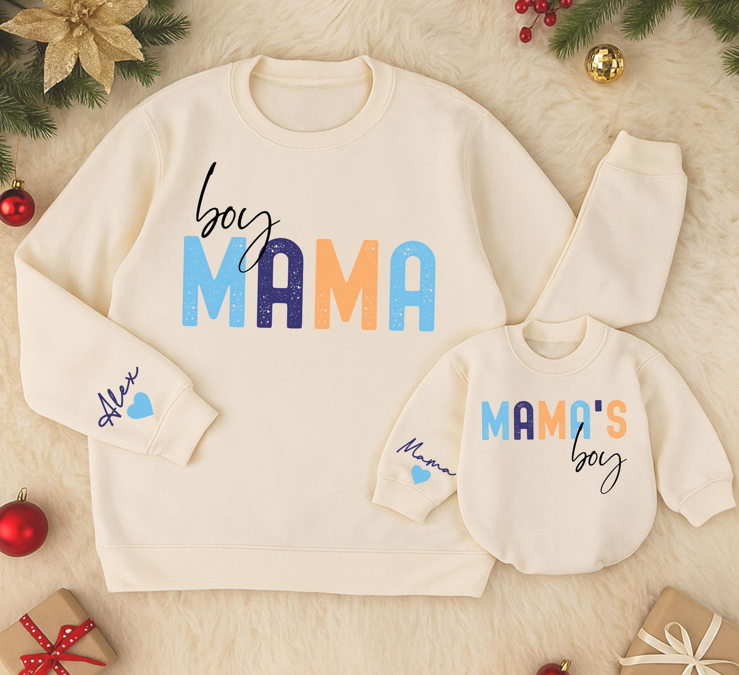Custom Boy Mama Sweatshirt Romper Set, Personalized Name Sleeve,  Newborn Gift for Her, Modern Mom and Baby Matching Outfit, Christmas Present (139 chars)