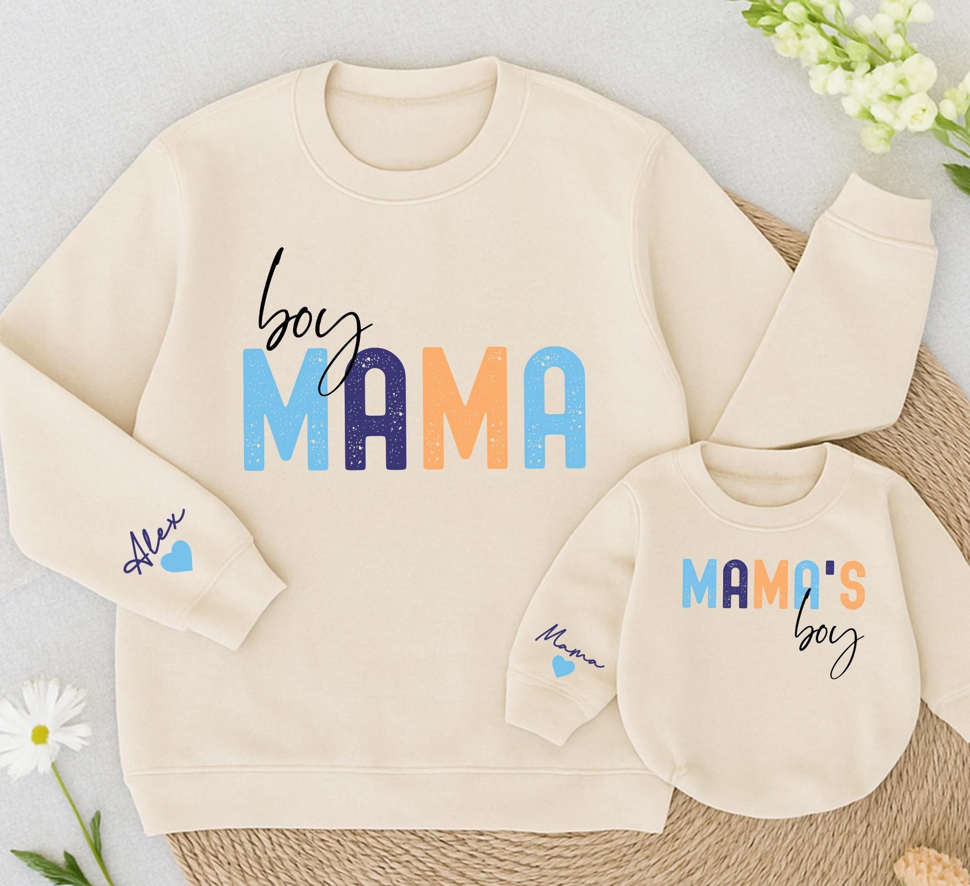 Custom Boy Mama Sweatshirt Romper Set, Personalized Name Sleeve,  Newborn Gift for Her, Modern Mom and Baby Matching Outfit, Christmas Present (139 chars)