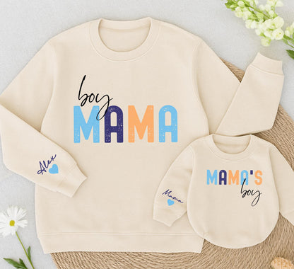 Custom Boy Mama Sweatshirt Romper Set, Personalized Name Sleeve,  Newborn Gift for Her, Modern Mom and Baby Matching Outfit, Christmas Present (139 chars)