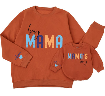 Custom Boy Mama Sweatshirt Romper Set, Personalized Name Sleeve,  Newborn Gift for Her, Modern Mom and Baby Matching Outfit, Christmas Present (139 chars)