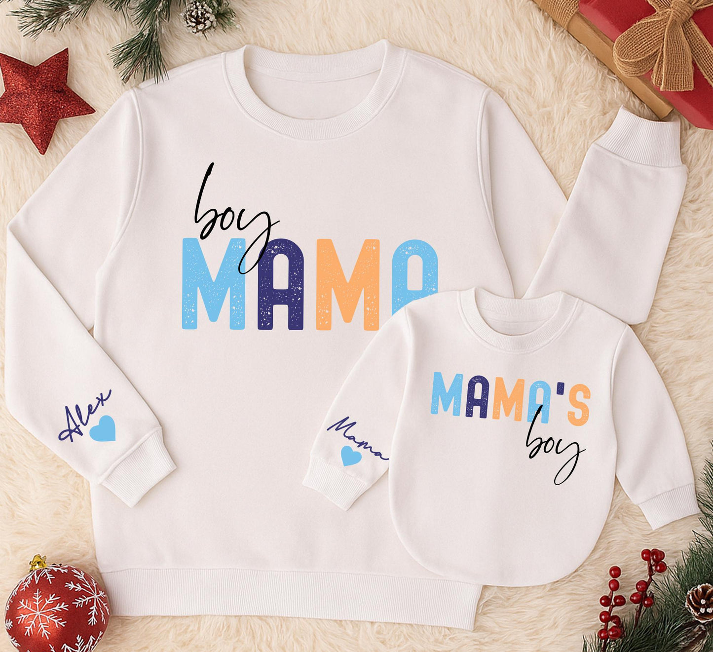 Custom Boy Mama Sweatshirt Romper Set, Personalized Name Sleeve,  Newborn Gift for Her, Modern Mom and Baby Matching Outfit, Christmas Present (139 chars)