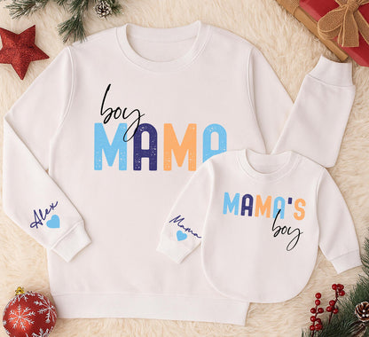 Custom Boy Mama Sweatshirt Romper Set, Personalized Name Sleeve,  Newborn Gift for Her, Modern Mom and Baby Matching Outfit, Christmas Present (139 chars)