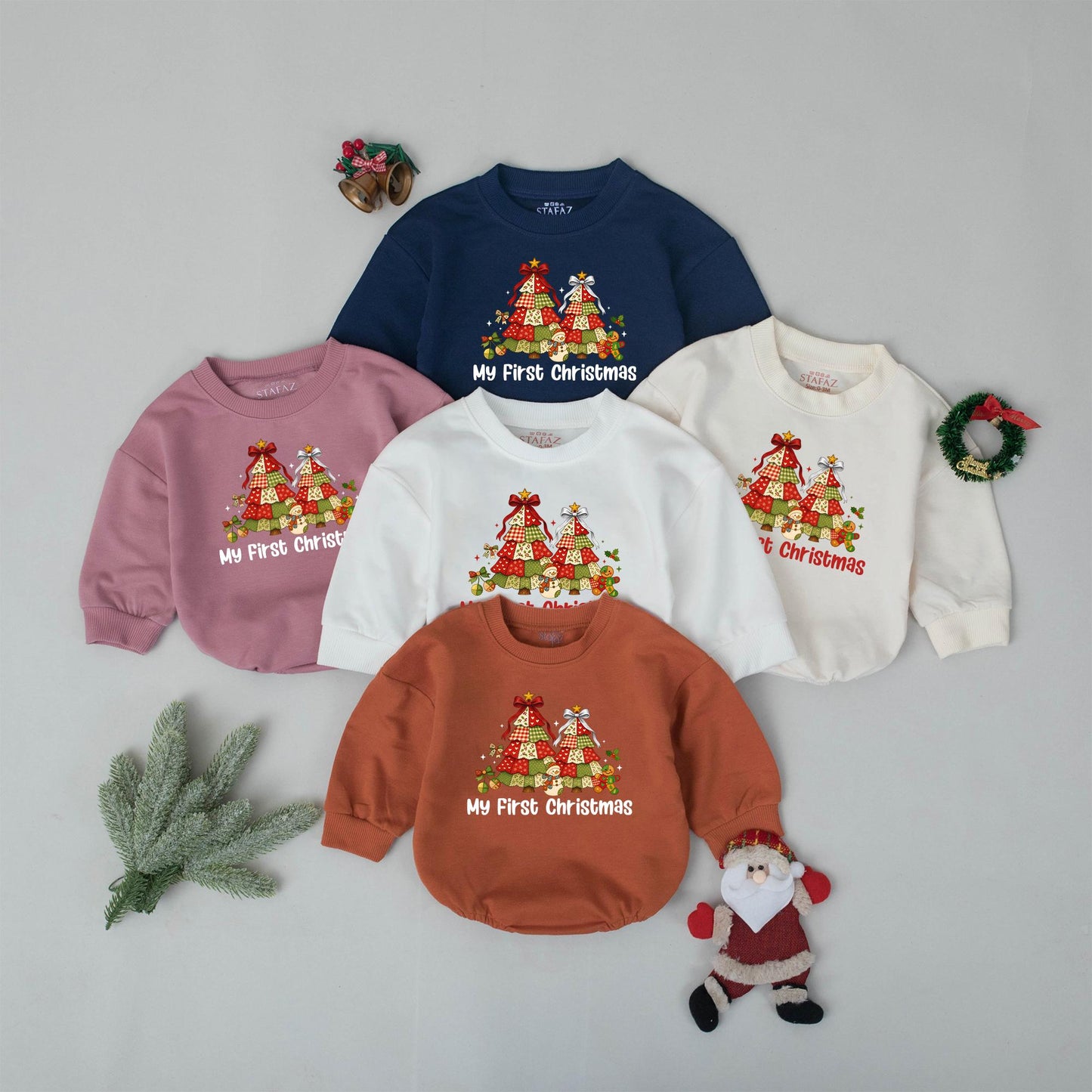 My First Christmas Bubble Romper Vintage Patchwork Tree Design Holiday Baby Bodysuit Festive Snowman Gingerbread Infant Outfit Reds Greens