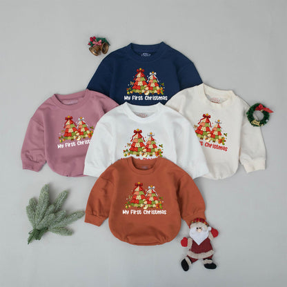 My First Christmas Bubble Romper Vintage Patchwork Tree Design Holiday Baby Bodysuit Festive Snowman Gingerbread Infant Outfit Reds Greens