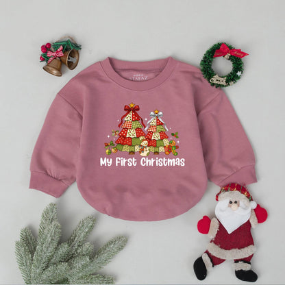 My First Christmas Bubble Romper Vintage Patchwork Tree Design Holiday Baby Bodysuit Festive Snowman Gingerbread Infant Outfit Reds Greens