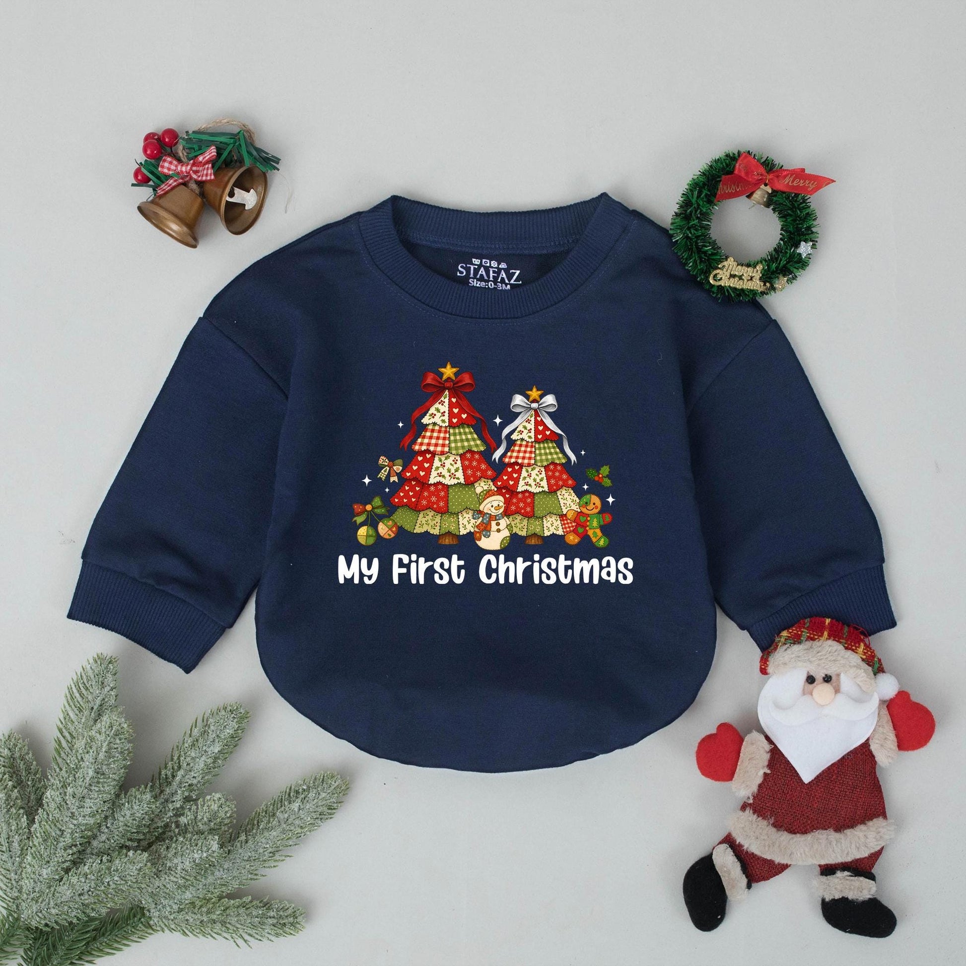 My First Christmas Bubble Romper Vintage Patchwork Tree Design Holiday Baby Bodysuit Festive Snowman Gingerbread Infant Outfit Reds Greens