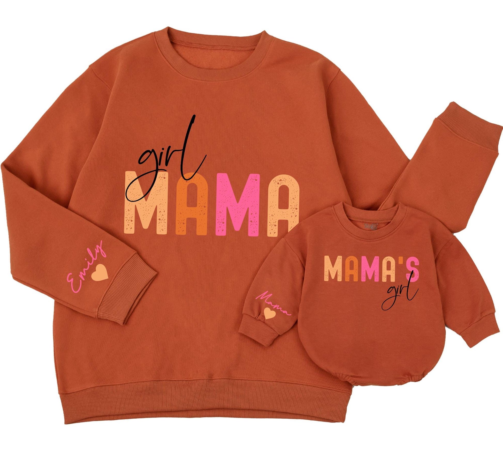 Mama & Girl Matching Sweatshirt Set, Peach and Pink Design, Custom Baby Romper, Playful Family Outfits, Holiday Gift for Mom and Mini, Personalized Emily