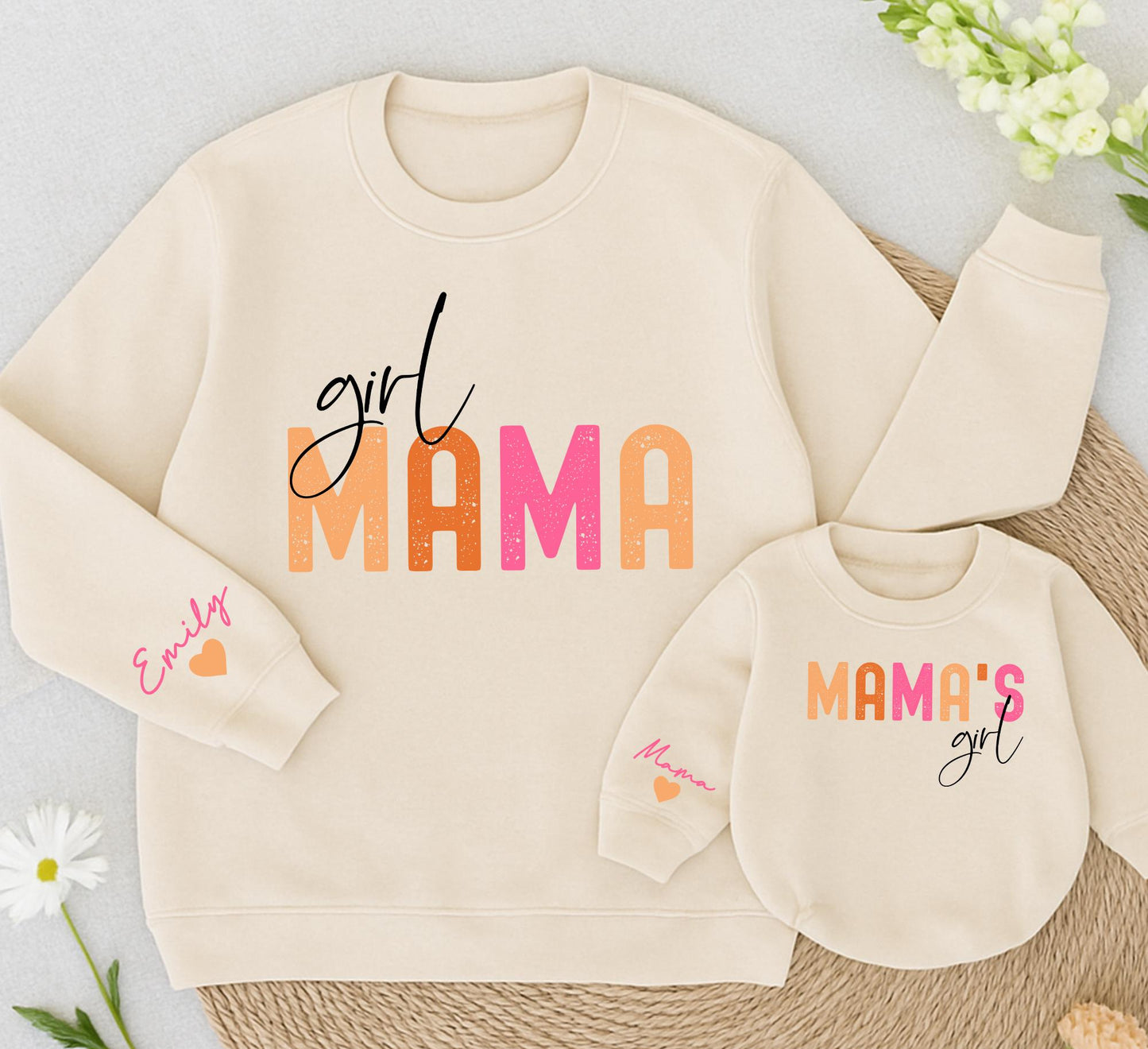 Mama & Girl Matching Sweatshirt Set, Peach and Pink Design, Custom Baby Romper, Playful Family Outfits, Holiday Gift for Mom and Mini, Personalized Emily