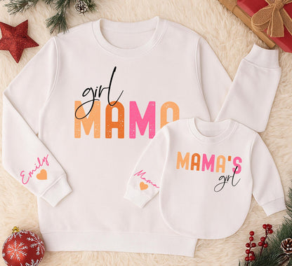 Mama & Girl Matching Sweatshirt Set, Peach and Pink Design, Custom Baby Romper, Playful Family Outfits, Holiday Gift for Mom and Mini, Personalized Emily