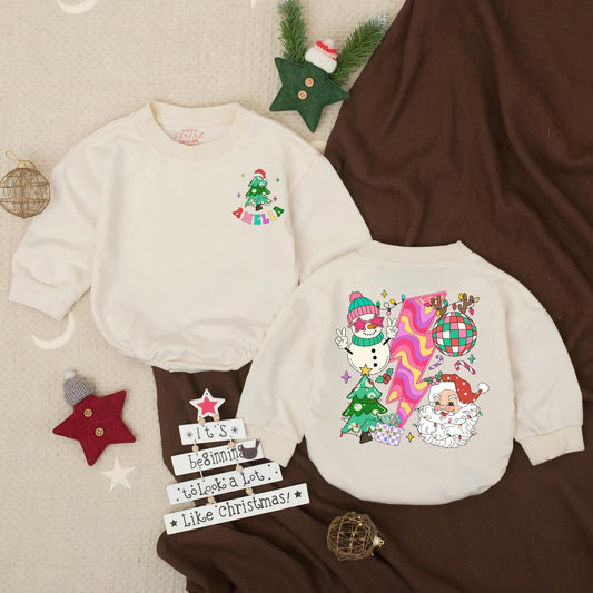Groovy Christmas Baby Romper: Retro Holiday Outfit with 'AMELIA' & Fun Festive Design, Cute Xmas Toddler Bodysuit Gift, Baby Holiday Clothes (138 chars)