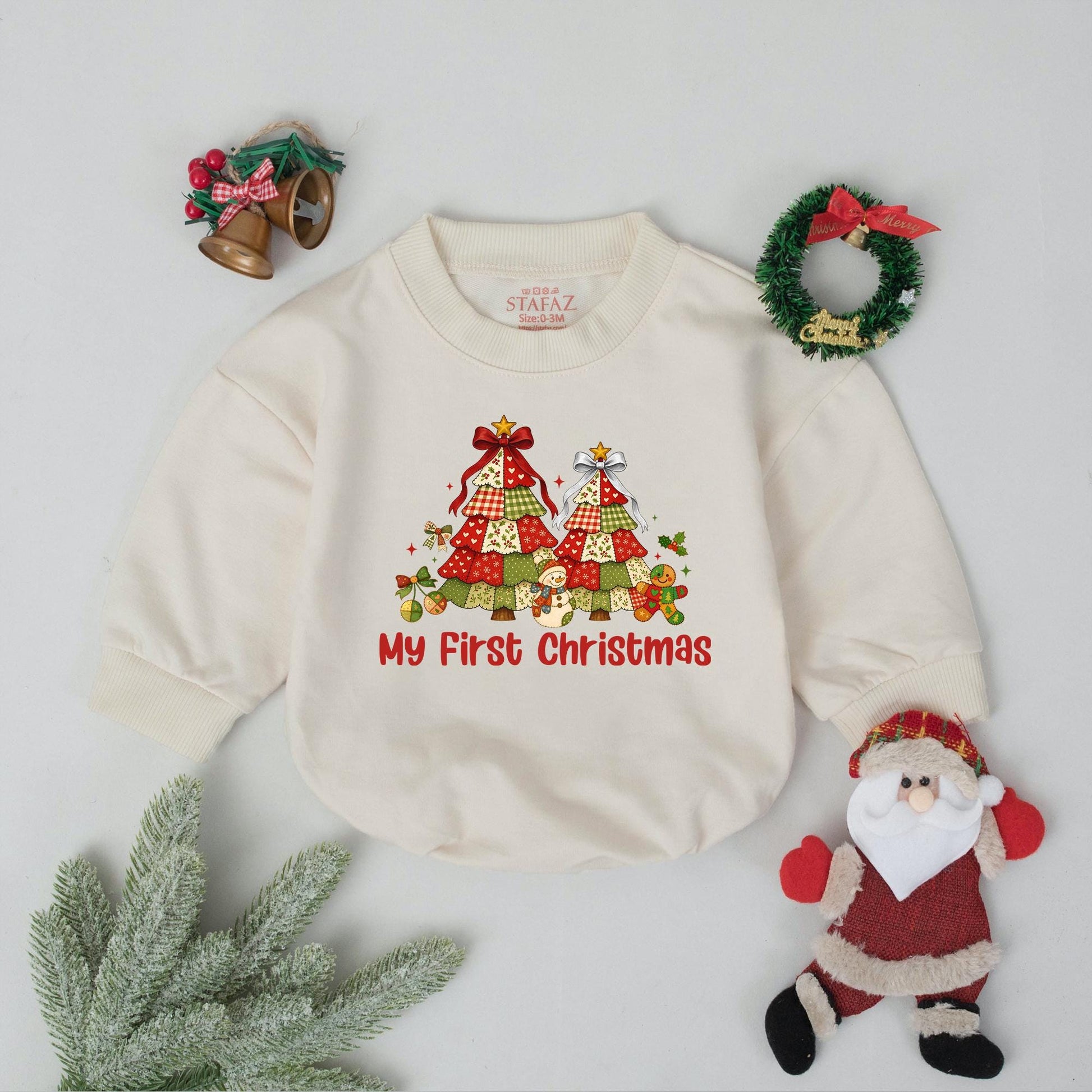 My First Christmas Bubble Romper Vintage Patchwork Tree Design Holiday Baby Bodysuit Festive Snowman Gingerbread Infant Outfit Reds Greens
