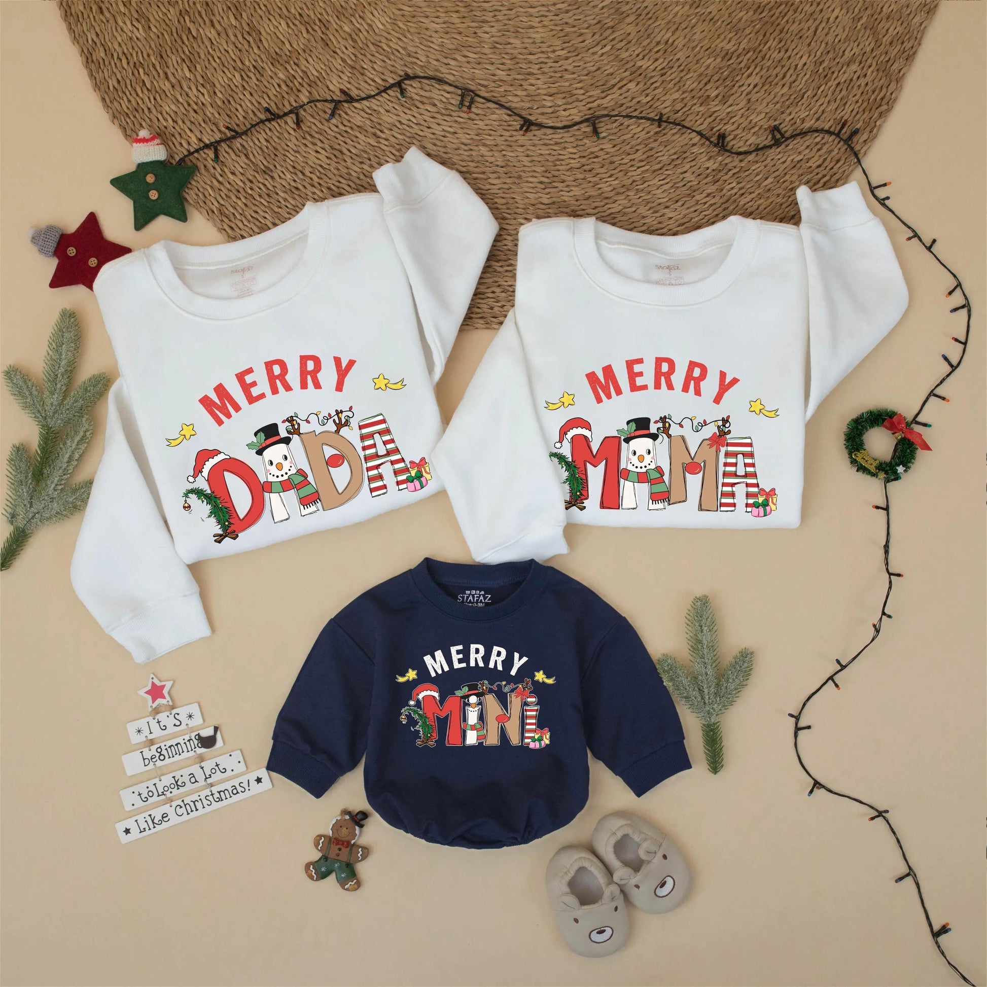 Merry Mama Dada Mini Matching Christmas Sweatshirt Cute Cartoon Holiday Family Outfit Toddler Baby Girl Boy Mom Dad Festive Gift Idea