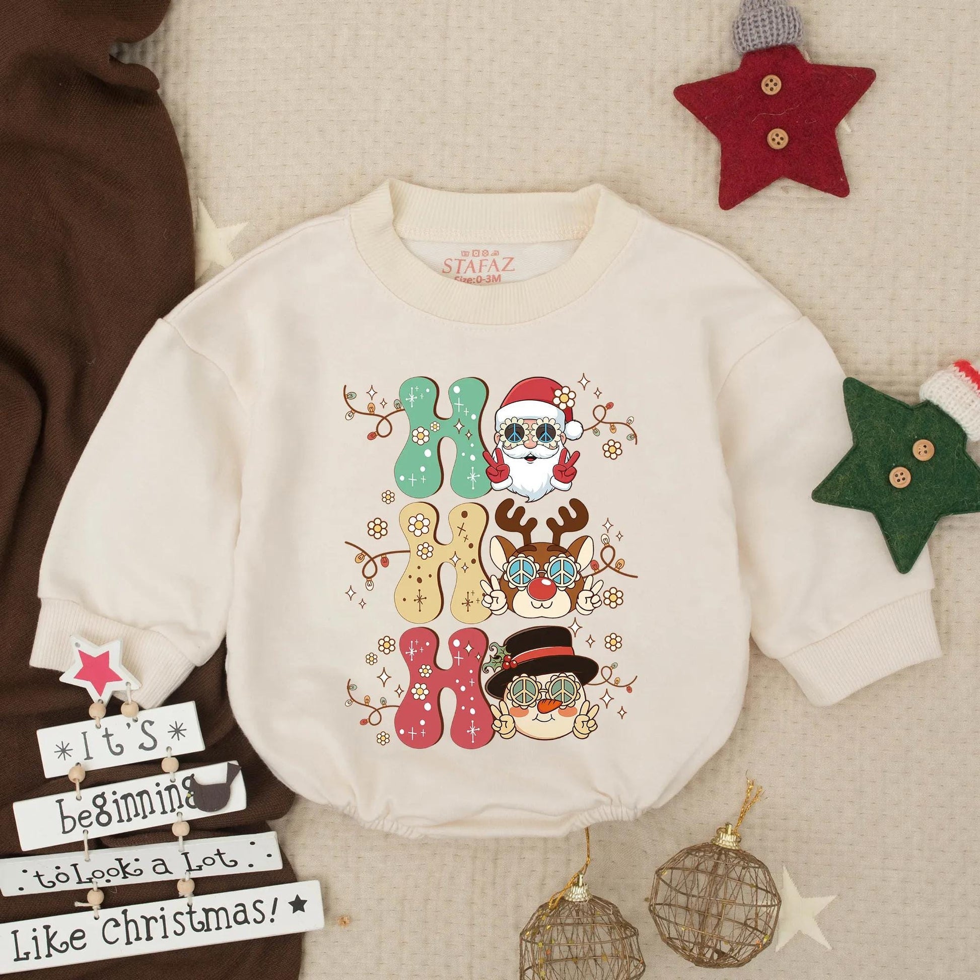 Groovy Ho Ho Ho Santa Snowman Reindeer Baby Romper Festive Holiday Infant Bubble Outfit Toddler Christmas Gift Winter Clothes Retro Peace Sign Fun