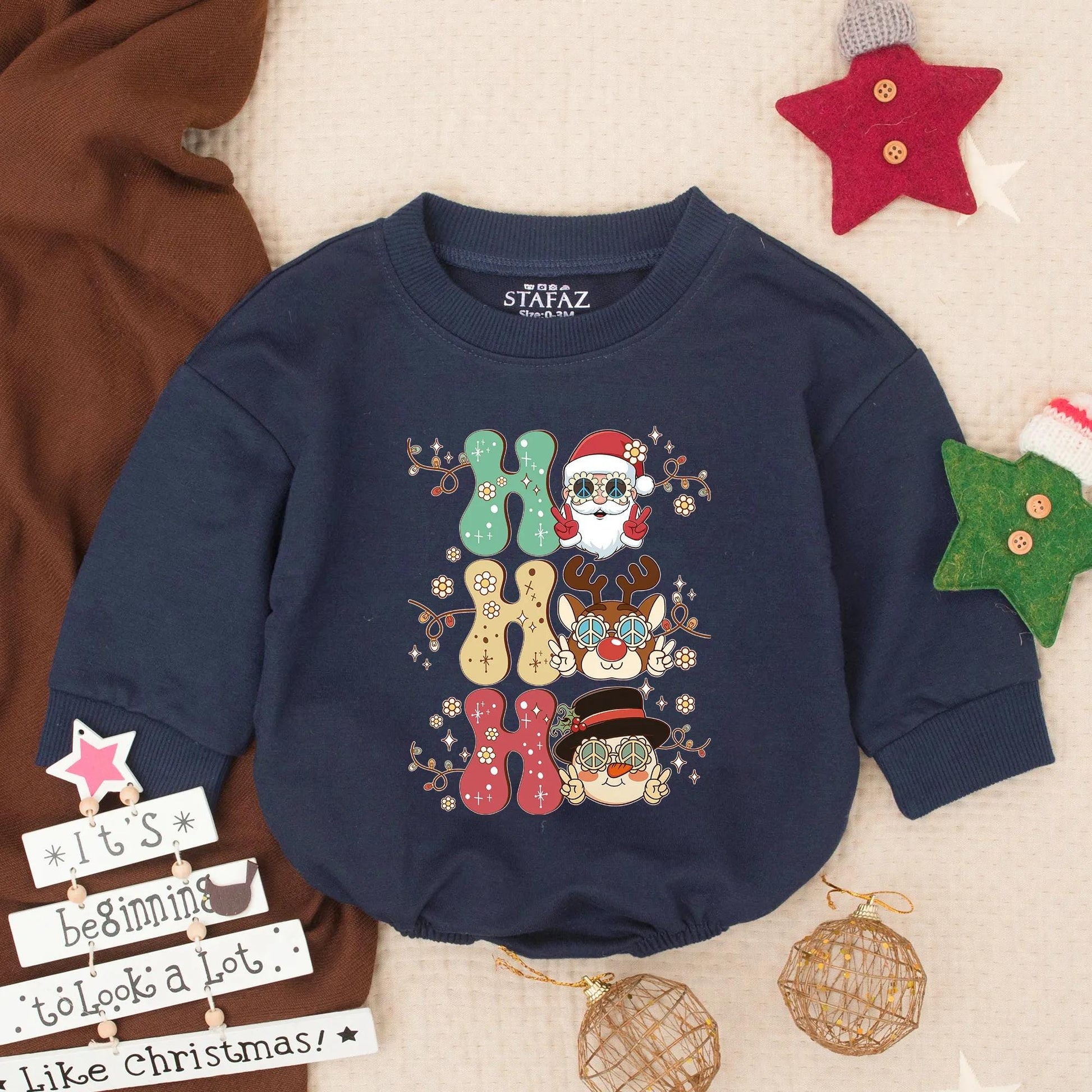Groovy Ho Ho Ho Santa Snowman Reindeer Baby Romper Festive Holiday Infant Bubble Outfit Toddler Christmas Gift Winter Clothes Retro Peace Sign Fun