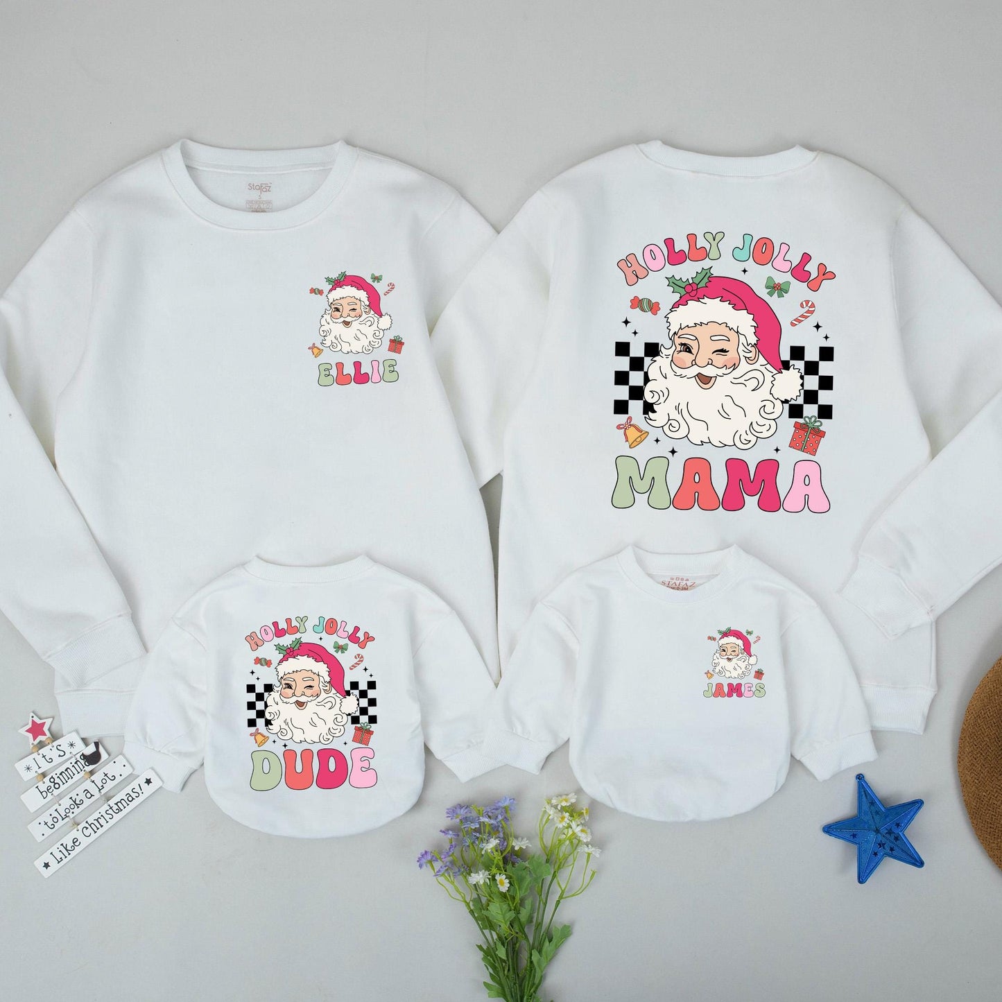 Personalized Holly Jolly Mama Mini Christmas Sweatshirts Matching Family Santa Sweaters Mommy and Me Outfit Vintage Gift