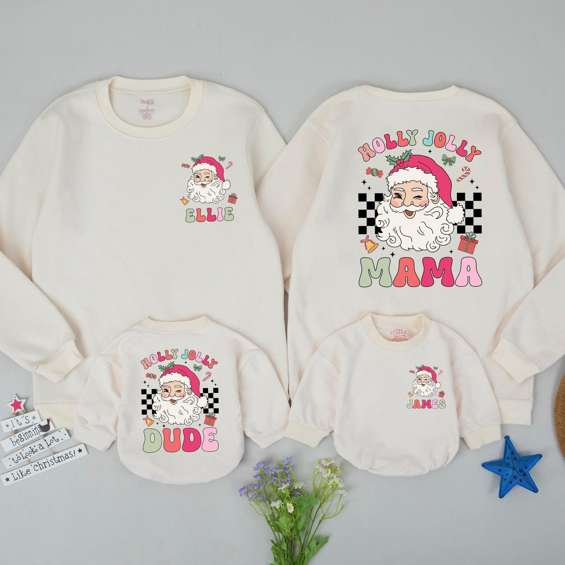Personalized Holly Jolly Mama Mini Christmas Sweatshirts Matching Family Santa Sweaters Mommy and Me Outfit Vintage Gift