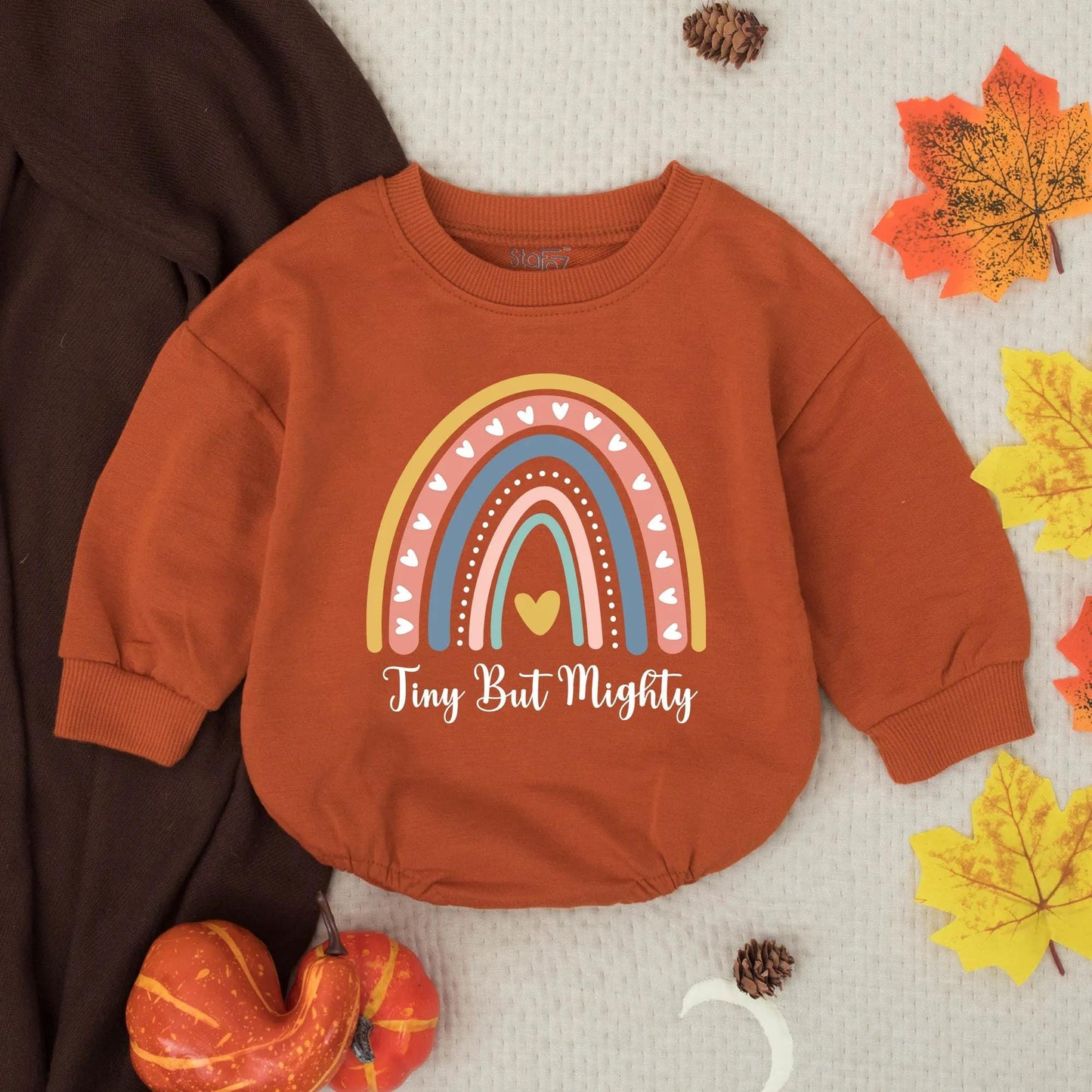 Retro Rainbow Baby Romper, Tiny But Mighty Infant Outfit, Cute Gender Neutral Bodysuit, Vintage Inspired Toddler Clothes, Baby Shower Gift Idea (135 chars)