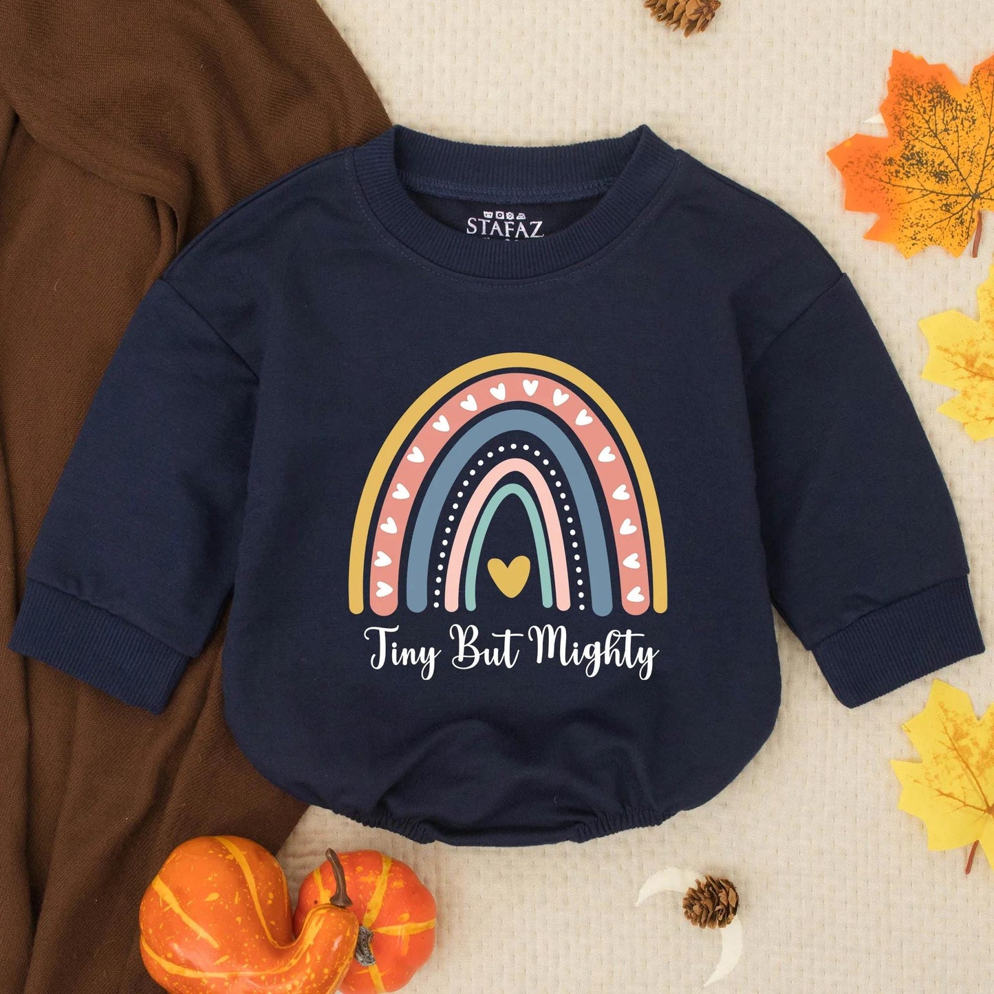 Retro Rainbow Baby Romper, Tiny But Mighty Infant Outfit, Cute Gender Neutral Bodysuit, Vintage Inspired Toddler Clothes, Baby Shower Gift Idea (135 chars)