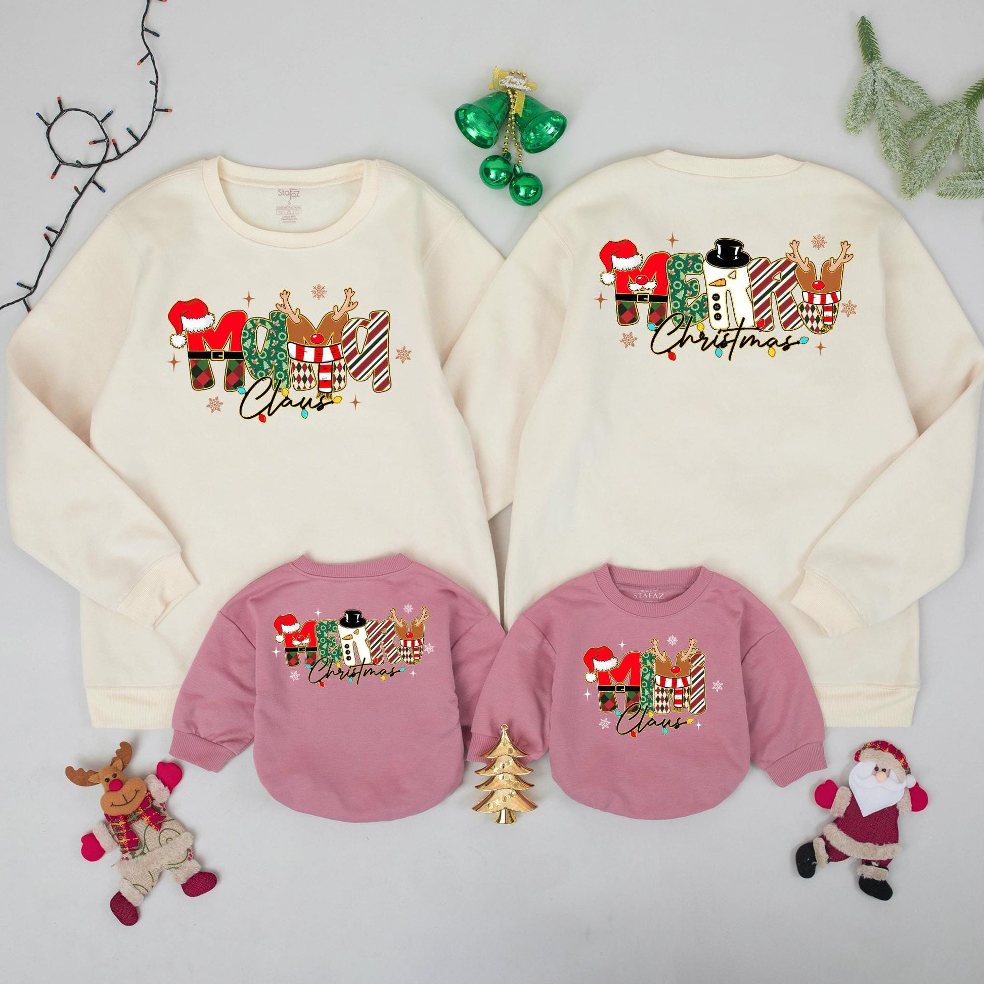 Matching Merry Christmas Family Sweatshirts Mama Claus Cozy Christmas Gift Whimsical Lettering Red Green White Festive Joyful