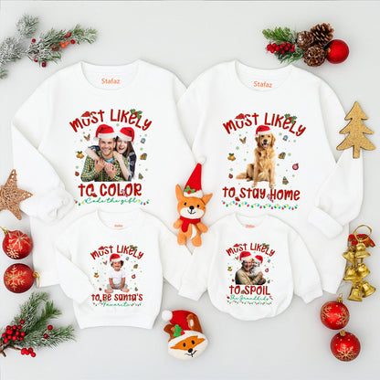 Custom Photo Funny Christmas Family Shirt Most Likely To Holiday Tee with Santa Hat & Festive Graphics Design