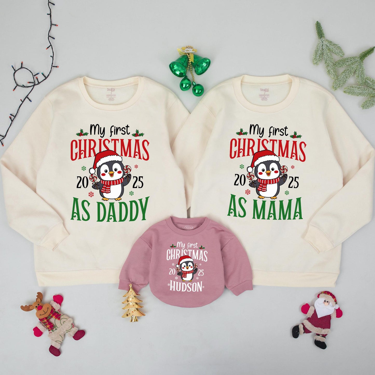 My First Christmas Family Matching Sweatshirt Penguin Red Green Custom Name Holiday Outfit Baby's First