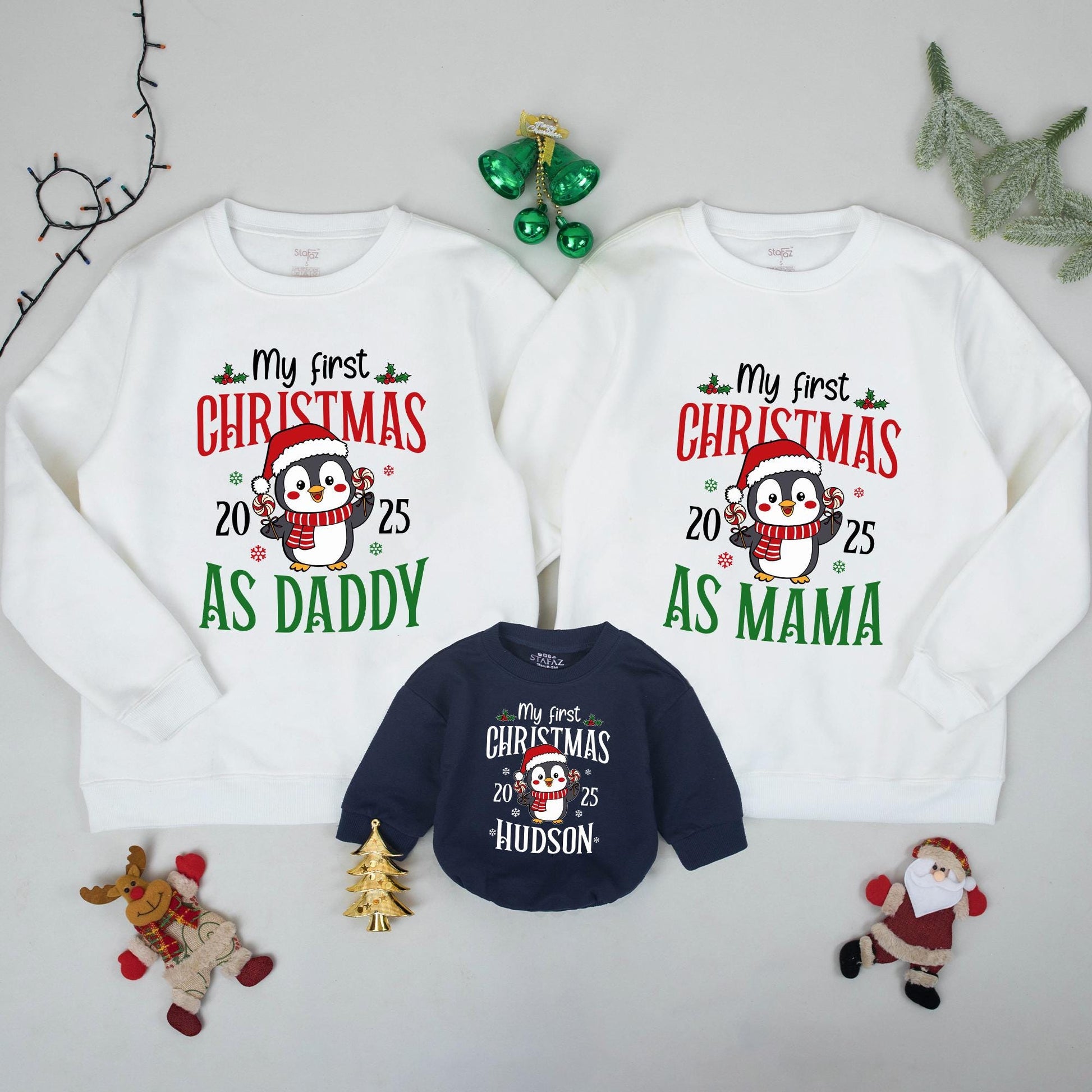 My First Christmas Family Matching Sweatshirt Penguin Red Green Custom Name Holiday Outfit Baby's First