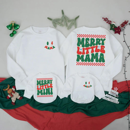 Personalized Merry Mama Mini Sweatshirt Set, Retro Christmas Matching Family Outfits, Red & Green Checkered Mommy and Me Gifts, Custom Amelia Outfit (139 chars)