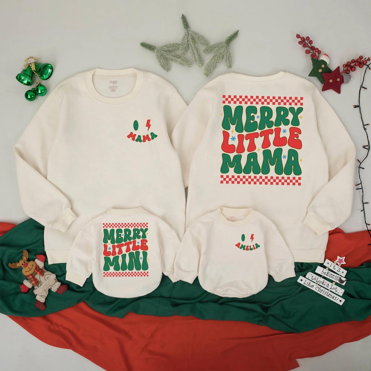 Personalized Merry Mama Mini Sweatshirt Set, Retro Christmas Matching Family Outfits, Red & Green Checkered Mommy and Me Gifts, Custom Amelia Outfit (139 chars)