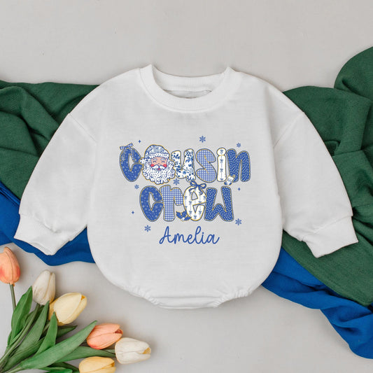 Personalized Baby Girl Cousin Crew Romper Blue Santa Christmas Bodysuit Festive Snowflakes Chinoiserie Patterned Infant Holiday Outfit Gift