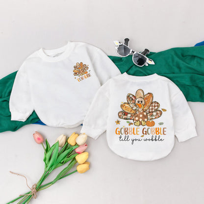 Personalized Gobble Gobble Until You Wobble Romper Custom Name Baby Bodysuit Whimsical Fall Autumn Thanksgiving Outfit Comfortably Soft for Baby's First Holiday