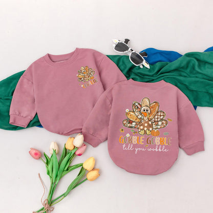 Personalized Gobble Gobble Until You Wobble Romper Custom Name Baby Bodysuit Whimsical Fall Autumn Thanksgiving Outfit Comfortably Soft for Baby's First Holiday