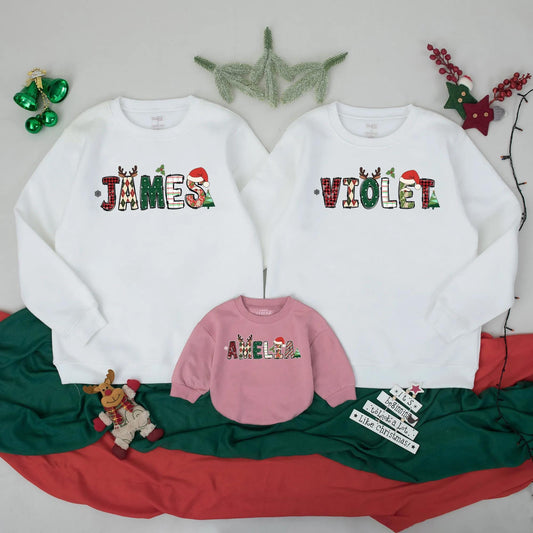 Custom Family Christmas Name Shirts Festive Doodle Alphabet Names with Santa Hats Cheerful Holiday Matching Outfits Personalized Reunion Gifts