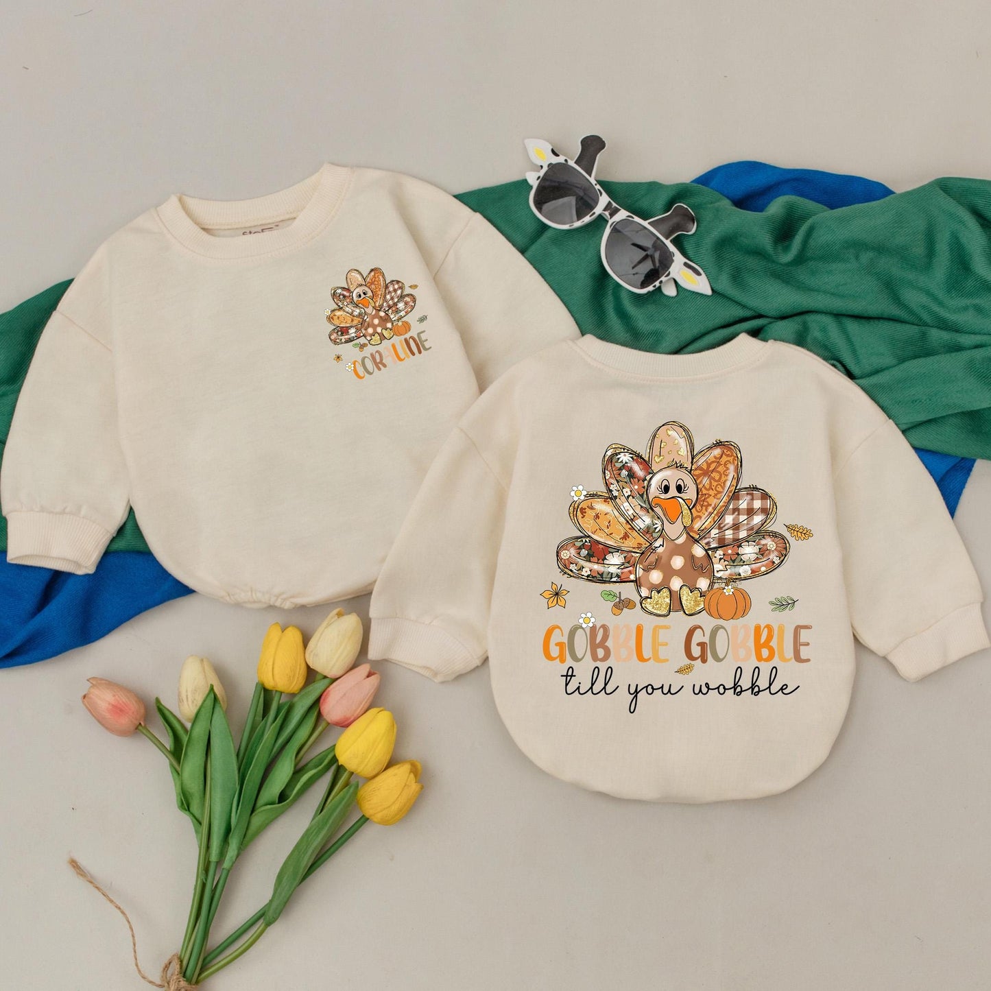 Personalized Gobble Gobble Until You Wobble Romper Custom Name Baby Bodysuit Whimsical Fall Autumn Thanksgiving Outfit Comfortably Soft for Baby's First Holiday