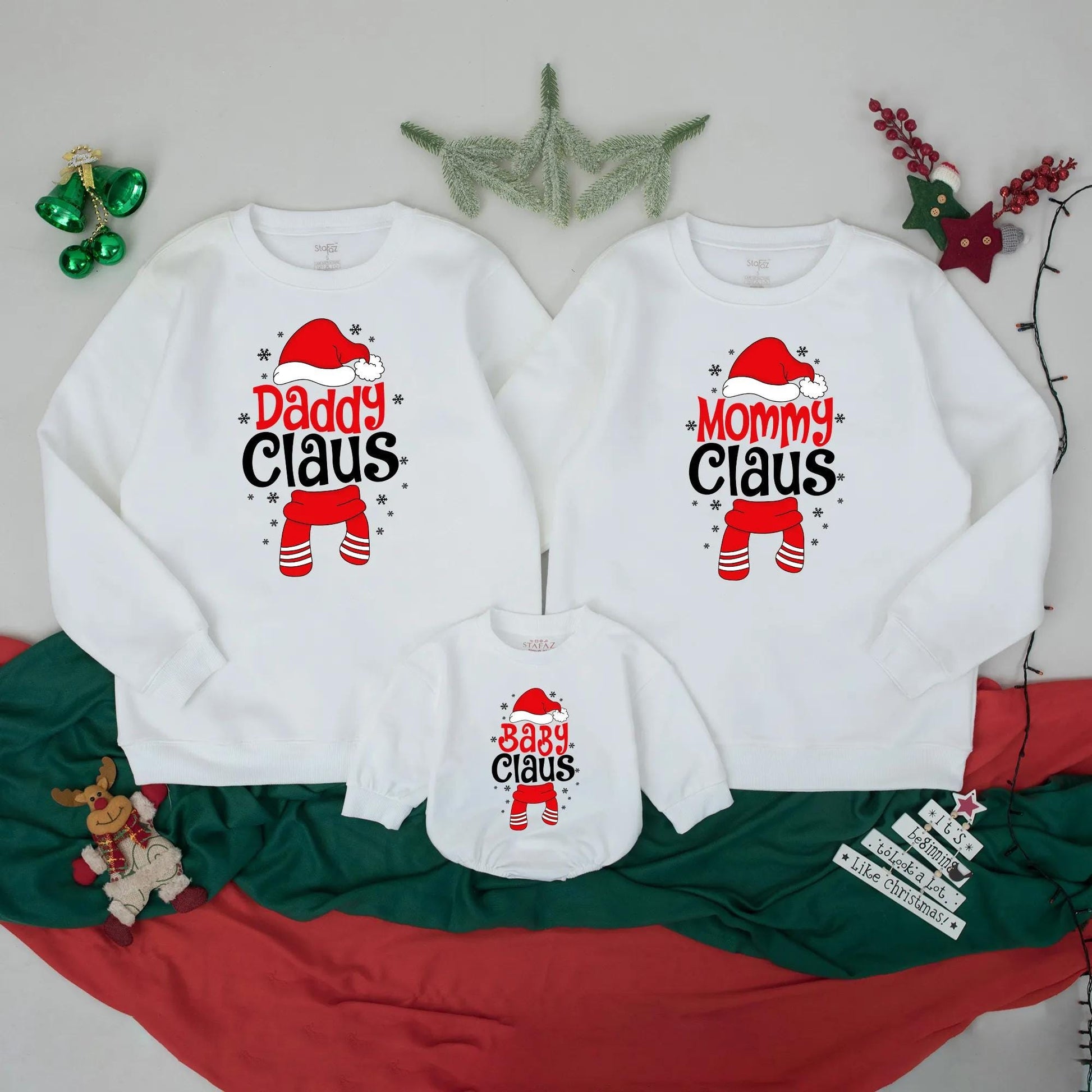 Custom Claus Family Sweatshirts Matching Christmas Holiday Outfits with Red Santa Hats and Snowflakes Perfect for Xmas Parties and Family Reunions