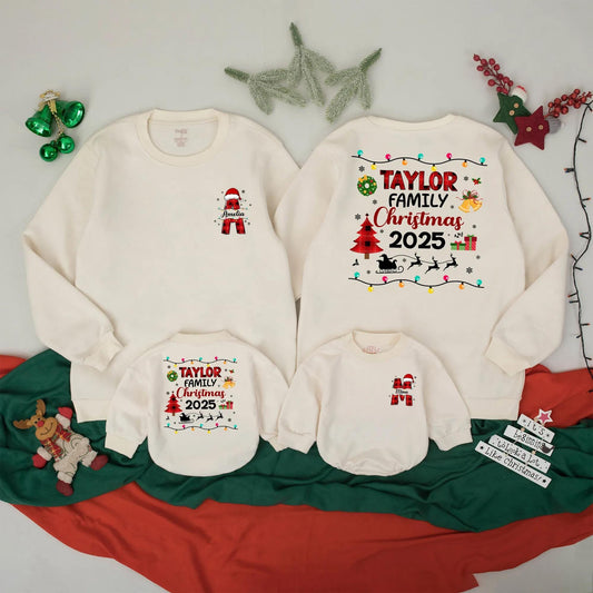 Personalized Christmas Family Sweatshirt, Matching Buffalo Plaid Pajamas, Custom 2025 Christmas Lights Group Outfit, Vintage Santa Holiday Crew Shirt