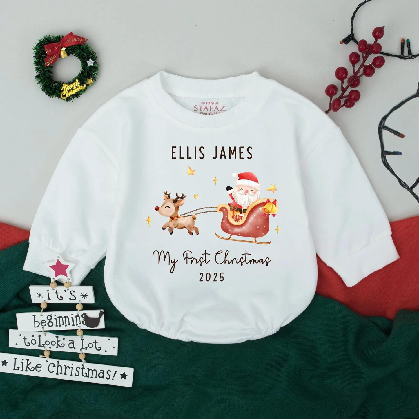 My First Christmas Bubble Romper Custom Name Neutral Retro Santa Sleigh Infant Holiday Outfit Baby Shower Gift