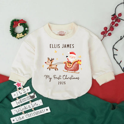 My First Christmas Bubble Romper Custom Name Neutral Retro Santa Sleigh Infant Holiday Outfit Baby Shower Gift