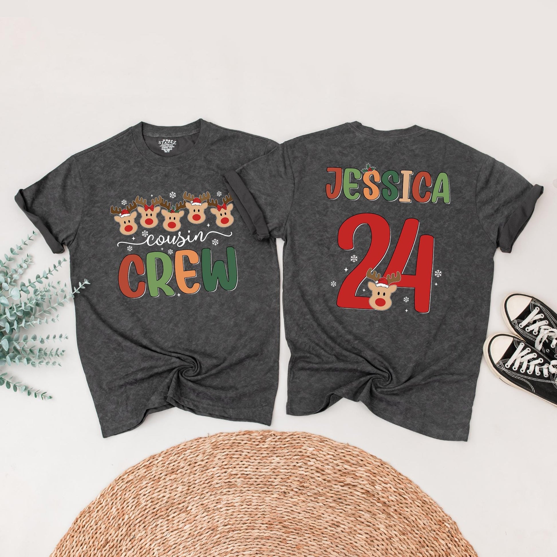Personalized Christmas Cousin Crew Matching Reindeer Shirt with Custom Names Numbers Festive Santa Hats Whimsical Holiday Family Tee Gift