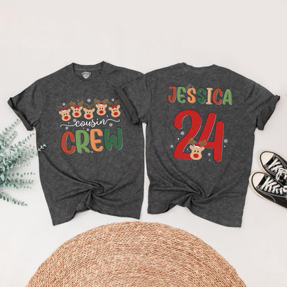 Personalized Christmas Cousin Crew Matching Reindeer Shirt with Custom Names Numbers Festive Santa Hats Whimsical Holiday Family Tee Gift
