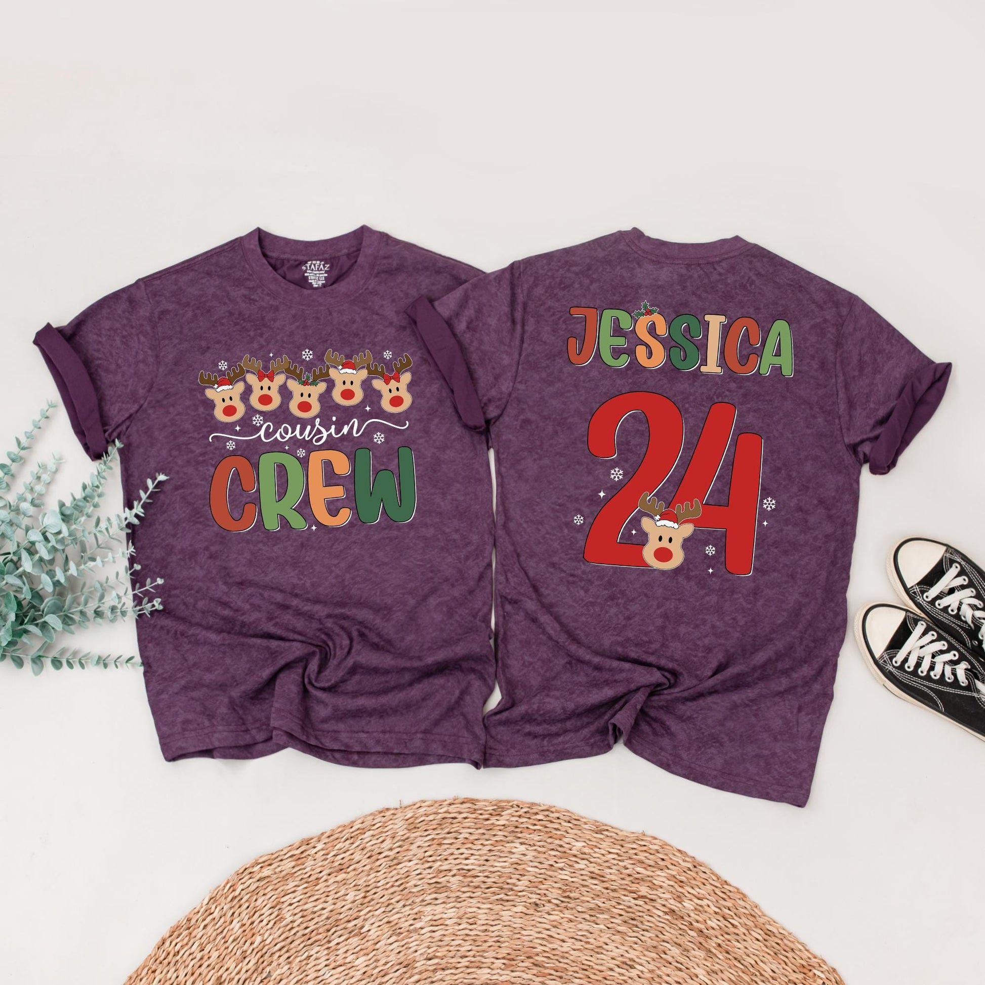 Personalized Christmas Cousin Crew Matching Reindeer Shirt with Custom Names Numbers Festive Santa Hats Whimsical Holiday Family Tee Gift