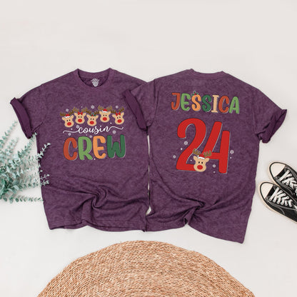 Personalized Christmas Cousin Crew Matching Reindeer Shirt with Custom Names Numbers Festive Santa Hats Whimsical Holiday Family Tee Gift