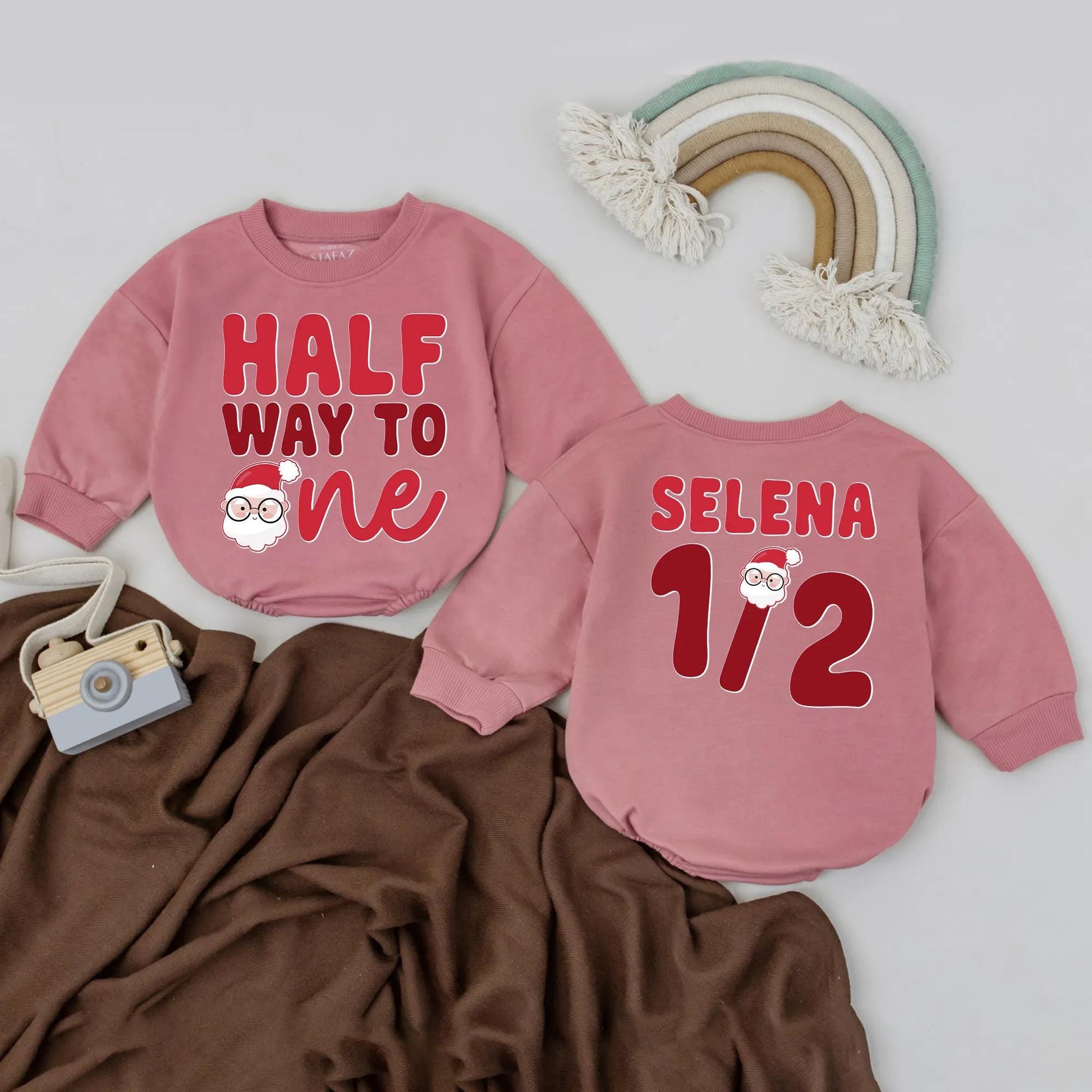 Half Way To One Santa Romper, Custom Name 1/2 Birthday Outfit, Funny Baby Christmas Bodysuit, Personalized Baby Girl Xmas Gift (138 chars)
