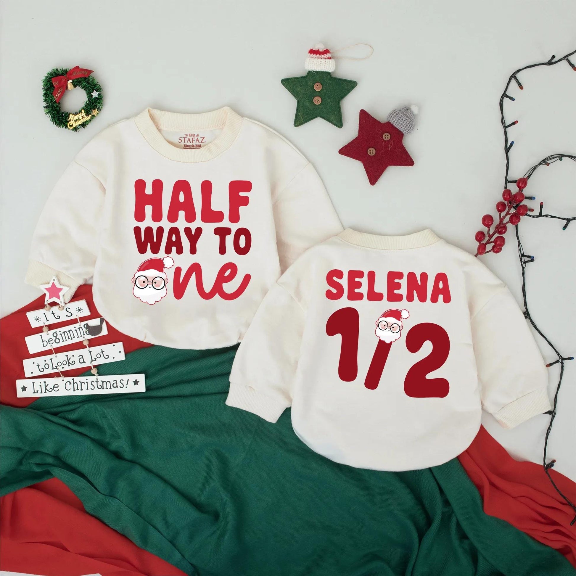 Half Way To One Santa Romper, Custom Name 1/2 Birthday Outfit, Funny Baby Christmas Bodysuit, Personalized Baby Girl Xmas Gift (138 chars)