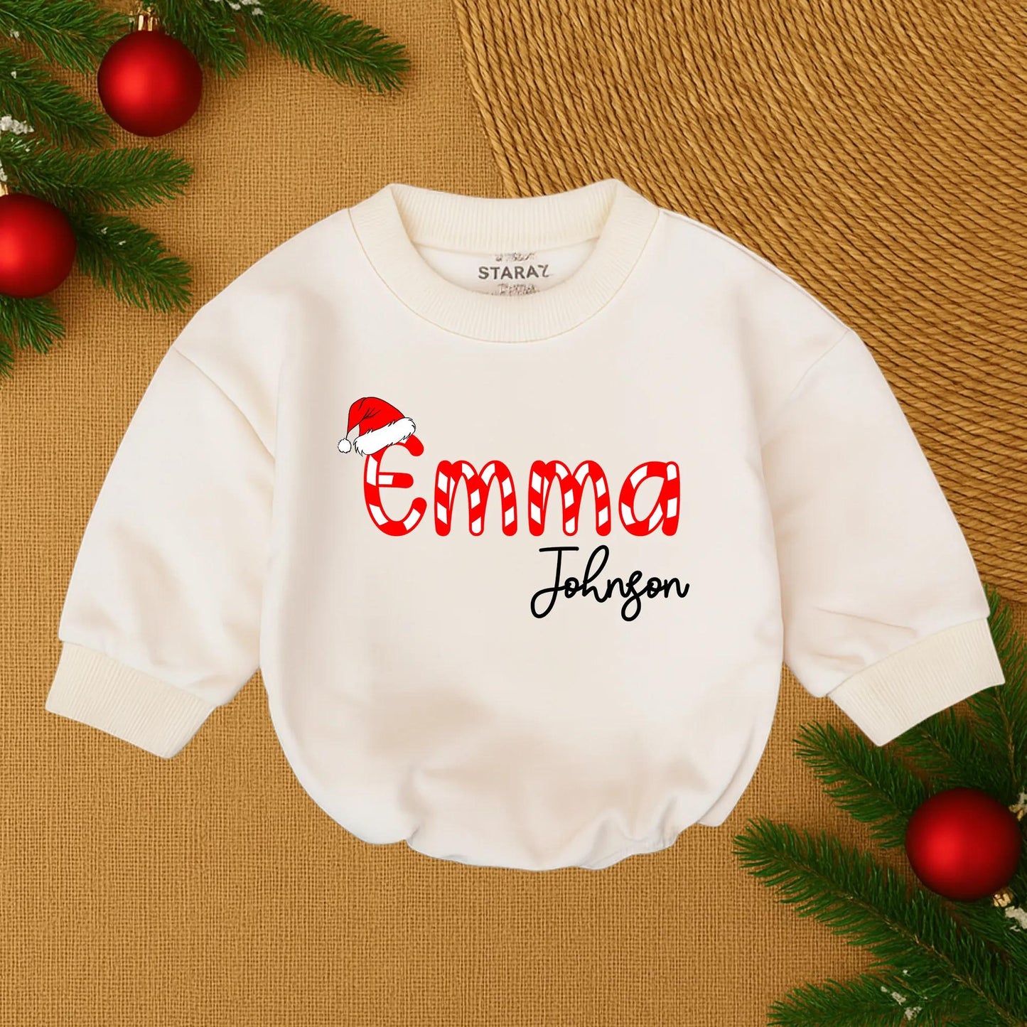 Henry James Custom Christmas Baby Outfit Candy Cane Santa Hat Script Name Infant Bubble Romper Holiday Baby Boy Girl Clothes